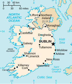 Map of Ireland showing main towns and cities including Dublin, Cork, Galway, Limerick, Waterford, Sligo and Killarney